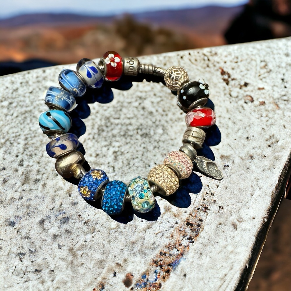 Pandora 925 ALE Sterling Silver Barrel Clasp Snake Chain  Charm Bracelet